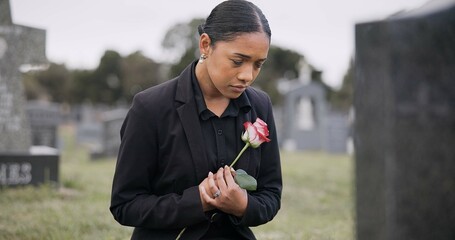 Sad woman, rose and graveyard in loss, grief or mourning at funeral, tombstone or cemetery. Female...