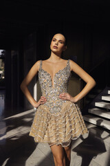 beautiful woman with dark hair in elegant sequin dress with accessories posing in luxurious hotel...