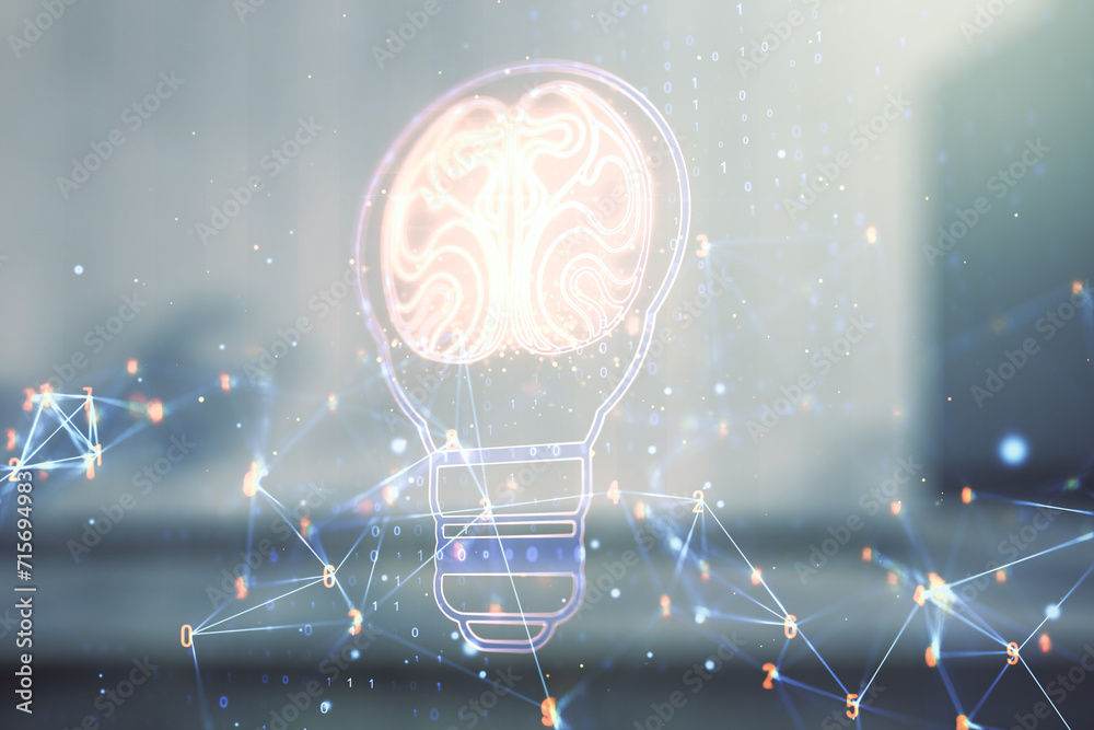 Aufkleber abstract virtual idea concept with light bulb and human brain illustration on blurry modern office b