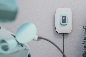 Charging an electric vehicle at home with a home charging station (wallbox). Focus on the wallbox displaying status information. Selective focus. - obrazy, fototapety, plakaty