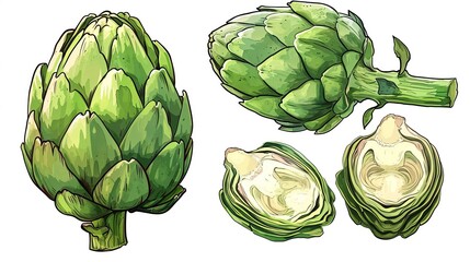 Fototapeta premium ripe juicy artichoke whole and its half 