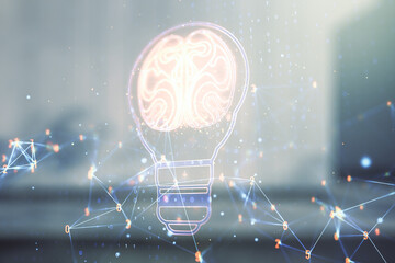 Abstract virtual idea concept with light bulb and human brain illustration on blurry modern office...
