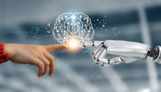 Concept of Artificial intelligence, AI robot, human, idea, development, think, futuristic technology transformation, science, robotic hand, connection with human hand and robot technology development.