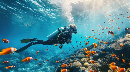 Tuinposter woman in a mask diving underwater, snorkeling, ocean, swimming, coral reef, sea, blue water, beauty, fish, dive, summer, sport, vacation, active © Julia Zarubina