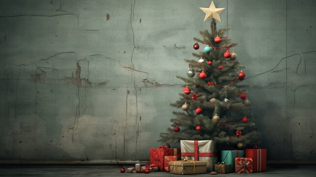 A rustic Christmas setting featuring a charming pine tree adorned with red ornaments and a golden star, surrounded by a collection of wrapped gifts against a distressed wall.