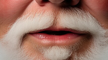 Macro shot of a person's mouth partly covered by a fluffy white Santa mustache, hinting at a festive disguise or costume.