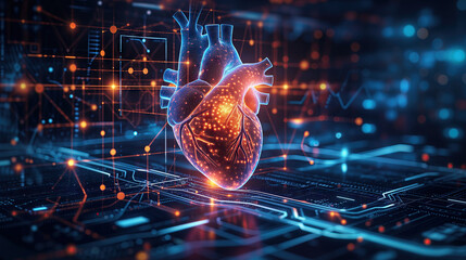 Cardiologist doctors examine patient heart functions and blood vessel on virtual interface.	
