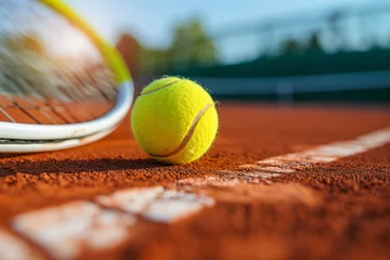 Fotobehang Balle de tennis et raquette sur terre battue en gros plan © Patrick