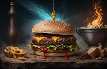 Drawn hamburger with meat, cheese and herbs, smoke and fire. Generative AI
