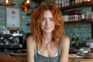 Fototapeta na wymiar Cheerful Red-Haired Woman in a Coffee Shop