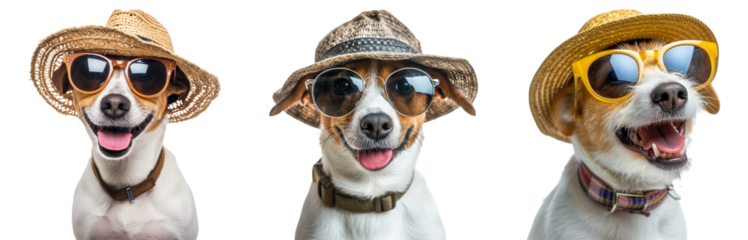 Three joyful dogs wearing sunglasses and straw hats against a transparent background, representing summer fun and pet fashion