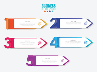 Business infographic template design thin line process with icons, elements and 5 options or steps. Vector illustration for presentation, flow chart, diagram - obrazy, fototapety, plakaty