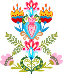 Set of symmetrical ornament with bird, insect, flowers and leaves with different folk compositions.