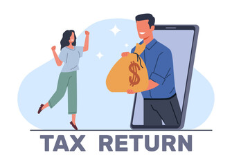 Woman rejoices in her tax refund. Finance return. Taxation payment. Mobile banking application. Accounting smartphone digital service. Happy taxpayer. Businessman revenue. Vector concept