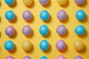 Happy colorfull Easter eggs on yellow background - Easter decoration, banner, panorama, background with copy space for text.