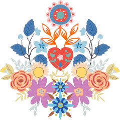 Set of symmetrical ornament with bird, insect, flowers and leaves with different folk compositions.