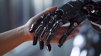  human hand and robotic hand touching, symbolizing Connection between man and machine 