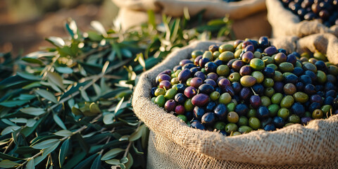 Fresh olives were collected in bags from the Cretan field to produce olive oil. - obrazy, fototapety, plakaty