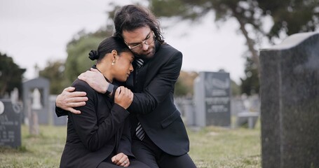 Sad couple, graveyard and hug in loss, grief or mourning together at funeral, tombstone or...