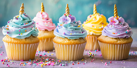 Colorful unicorn cupcakes topped with buttercream frosting and sprinkles. - obrazy, fototapety, plakaty