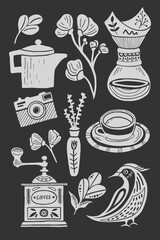 Coffee vector illustrations in linocut style. Retro style of elements, consist coffee grinder, pourover, cup, camera, bird and floral elements