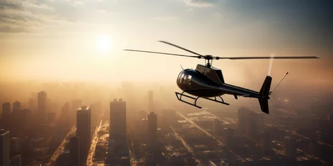 Fotobehang Helicopter flies over the city. A helicopter flies in the sky. Generative AI. View of a flying helicopter. City view from above © Ruslan Shevchenko