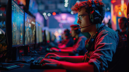 Gamers have fun with their teammates. Complete with bright lights and a lively atmosphere. Surrounded by teammates and spectators.