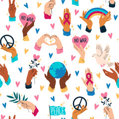 Seamless pattern with human hands. Peace and hippie symbols. Repeated print. Solidarity ribbon in arms. Peaceful dove. Fingers holding rainbow. Flower and plant branch. Vector background