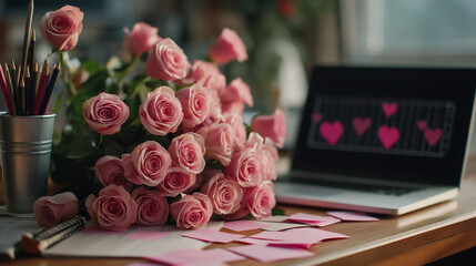 Obraz na płótnie Canvas Laptop adorned with a vibrant bouquet of roses, a perfect blend of technology and nature, celebrating love, romance, and special occasions like weddings, birthdays, and Valentine's Day