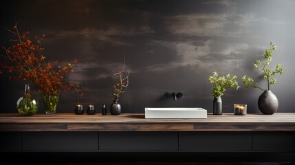A dark bathroom interior with wooden details, with an empty concrete wall for mockups - obrazy, fototapety, plakaty