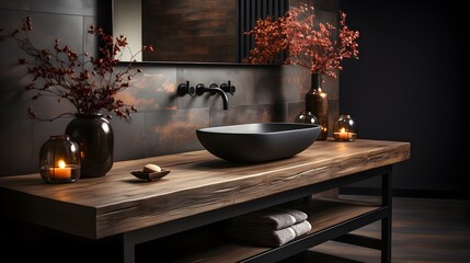 A stylish contemporary bathroom interior with dark tones and wooden features