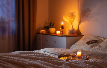 cup of tea in bedroom at night