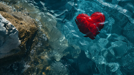 Love Symbol Floating in Blue Ocean Water with Romantic Red Meat and Sweet Valentine Candy on White Stone