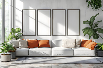 A modern living room with a white sofa, orange pillows, and plants. Four empty vertical picture frames on the wall offer a stylish mockup for art posters.