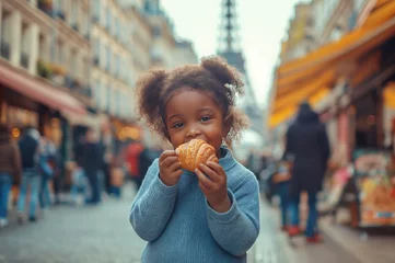 Küchenrückwand glas motiv A girl in Paris eating croissant on a small street near Eifel Tower, French pastry, beautiful African American child eating delicious authentic food in France, traveling concept © Elena