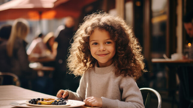 Girl eating pancakes in street cafe. Kid having breakfast in Paris. Travelling in Erope. Local street food. Eating dessert with blueberries. French child