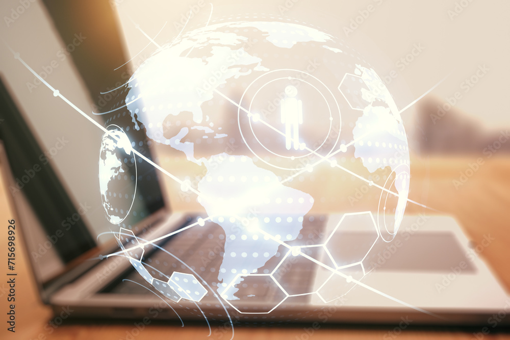 Aufkleber social network media concept with world map and modern computer on background. double exposure