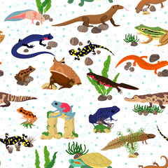 Seamless pattern with amphibians. Frogs and aquatic tritons. Terrarium creatures. Tropical fauna. Repeated print. Wild nature. Amphibious animals. Toads and newts. Vector background