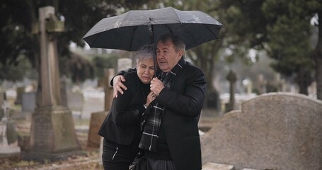 Support, death or old couple in cemetery for funeral, service or burial for repsect in Christian...