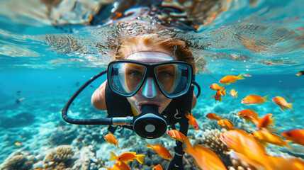 Naklejka na ściany i meble woman in a mask diving underwater, snorkeling, ocean, swimming, coral reef, sea, blue water, beauty, fish, dive, summer, sport, vacation, active