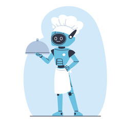 Robot chef holding serving tray. Cooking machine. AI innovation. Futuristic technology. Cyborg carrying meal. Automatic waiter. Cook hat and apron. Smart assistance. Vector concept