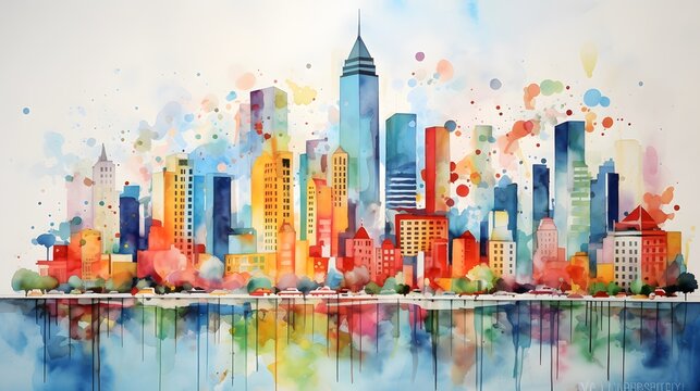 Jazzy, lively, colorful water color painting of a downtown city full of tall buildings and skyscrapers.