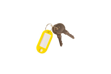 Plastic keychain of different colors with a place for a signature isolated on a white background. Bunch of keys with keychain, isolated on White. Mock-up keychain.