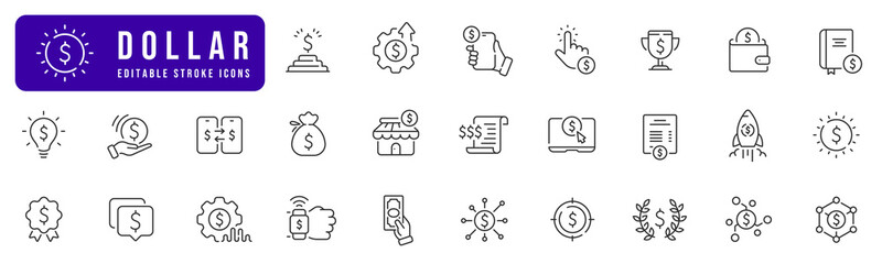Dollar sign line icon set. Money, payment, cash, coin, wallet, finance, wealth, currency etc. Editable stroke