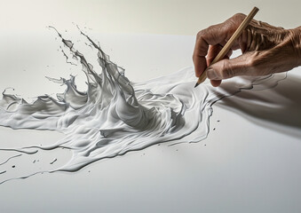 The entire motif is filled by a white surface, on which lies a large white sheet on which a sustainable electric car has been drawn with a pencil, richly detailed with hatching and lines.