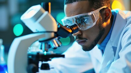 African American guy scientist in the laboratory looking through a microscope, British science week, banner
