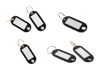 Plastic keychain of different colors with a place for a signature isolated on a white background. Bunch of keys with keychain, isolated on White. Mock-up keychain.