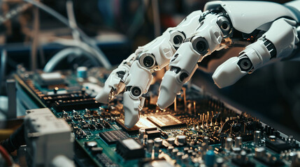 A close-up of robotic and human hands assembling intricate circuits - obrazy, fototapety, plakaty