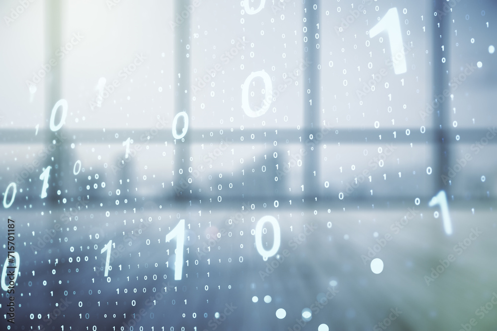 Leinwandbilder abstract virtual binary code sketch on empty classroom background, hacking and matrix concept. multi