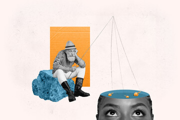 Horizontal weird surreal collage photo of old fisherman catch fish in pond inside of woman head...